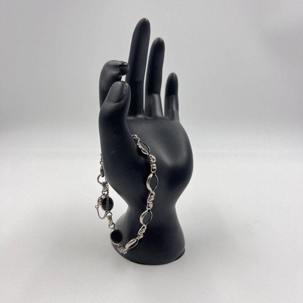 Vintage Longcraft Black Glass Oval Bezel Set Stones Link Bracelet 7.5"-Gold Tone